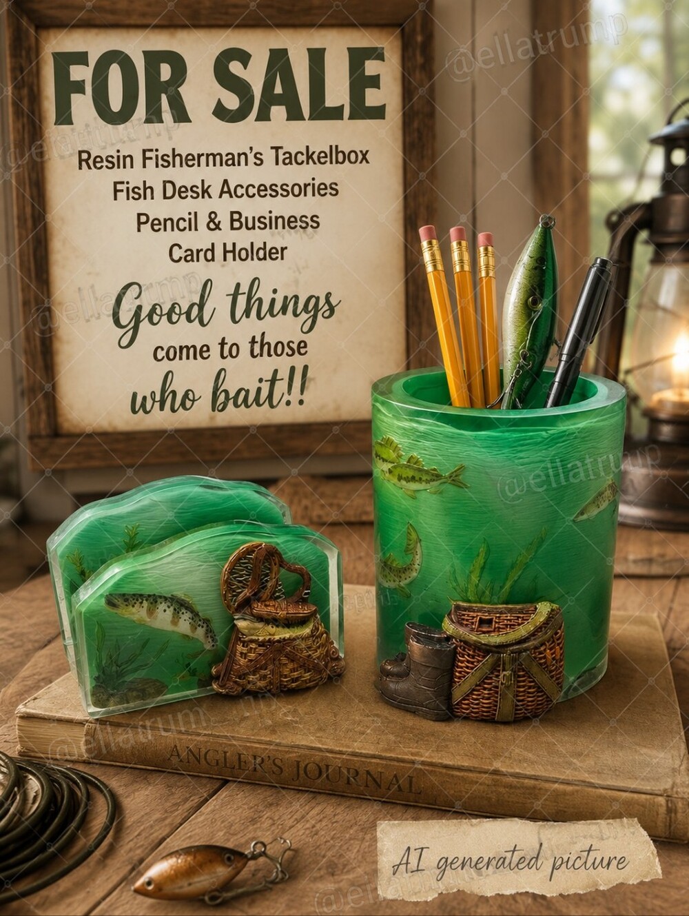 Vtg Men's Fisherman's Desk Accessories Pencil & Business Card Holder Set